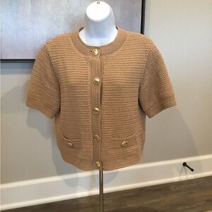 Ann Taylor Elegant Tan Short-Sleeve Sweater with Gold Buttons Wm Sz S